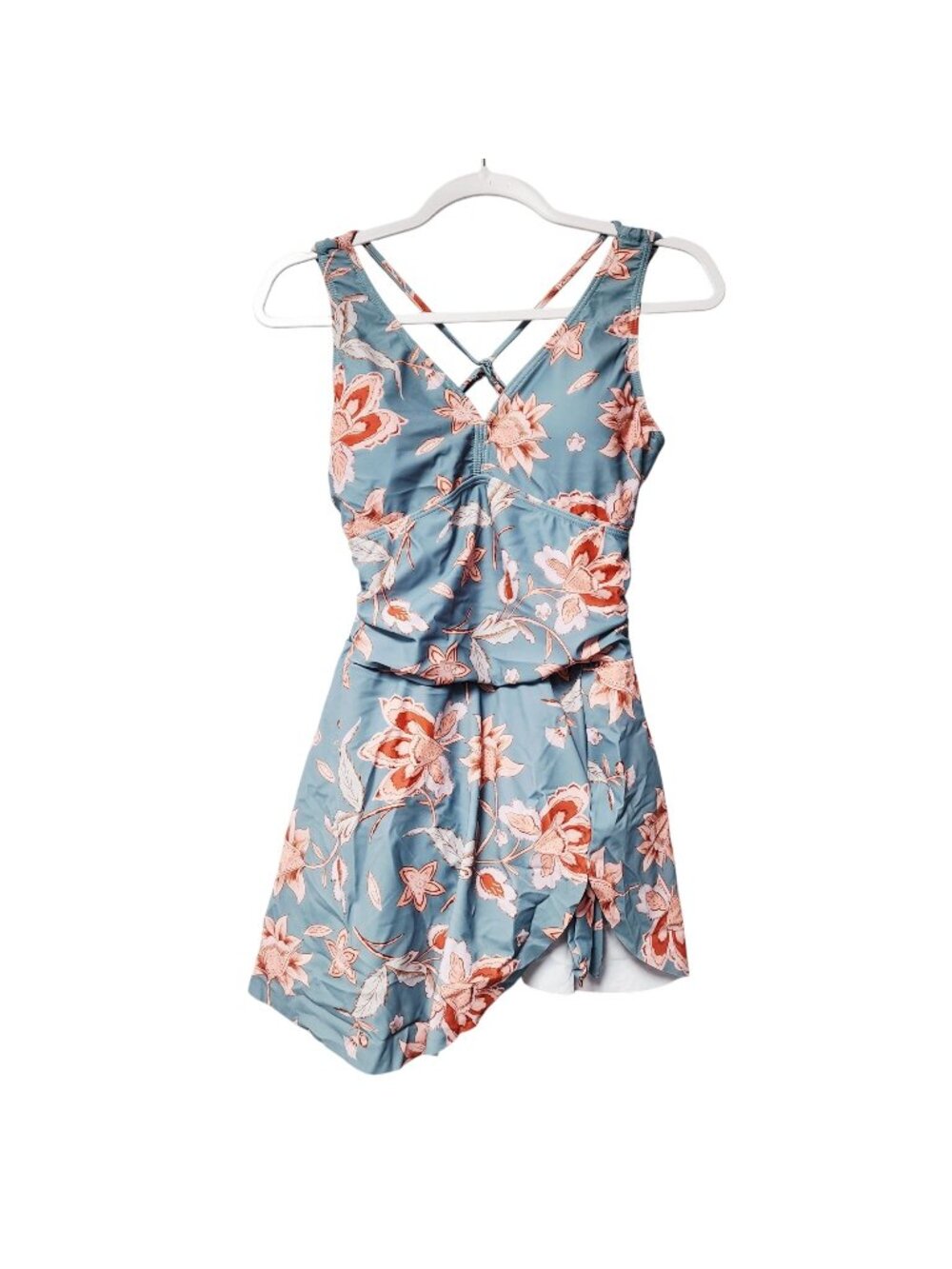 Floral Crisscross Back Swim Dress Womens Blue & Pink Size M
